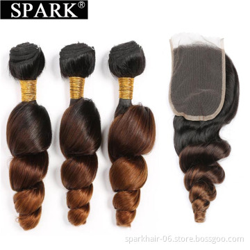 Spark Ombre Loose Wave Bundles with Closure 10A Brazilian Ombre Weave Human Hair Bundle   1b/4/30 with 4x4 Lace Closure